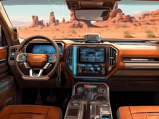 The interior of the 2025 Ford F-150 Raptor R, showcasing the redesigned dashboard, larger touchscreen infotainment system, and premium leather seats with embroidered Raptor logos.