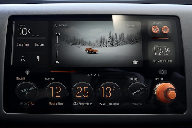 A close-up shot of the 2025 Toyota Tundra Hybrid's dashboard, highlighting the infotainment system screen displaying real-time fuel efficiency data, along with the steering wheel and digital instrument cluster.