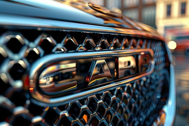 A close-up of the 2025 Nissan Titan's redesigned front grille, showcasing the intricate details and the bold Nissan emblem.