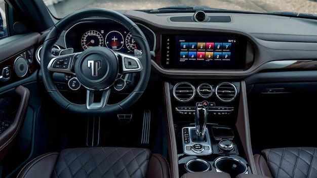 A detailed interior shot of the 2025 Hyundai Santa Cruz, focusing on the dashboard and infotainment system. The image shows the touchscreen display with navigation active, comfortable leather seats, and the overall layout of the cabin.