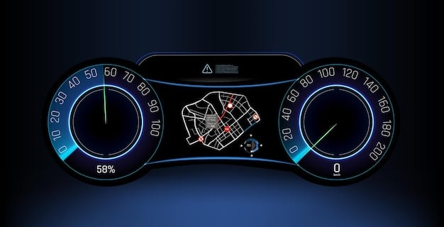 A high-angle shot of the 2025 Ram Dakota's dashboard, emphasizing the integrated technology features like a heads-up display, a digital instrument cluster, and a user-friendly infotainment interface.