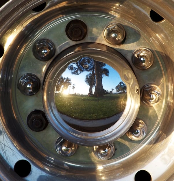 A close-up shot of the Lordstown Endurance's in-wheel motor, showing its integration within the wheel hub. The image highlights the components and design of the motor, emphasizing its compact and robust construction.
