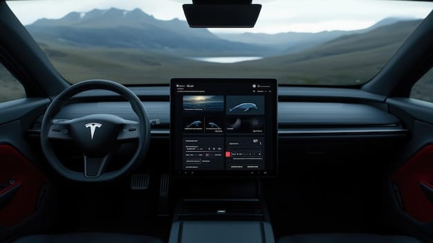 Interior shot of the 2025 Tesla Model 3, highlighting the minimalist dashboard, large touchscreen display, and comfortable seating. The focus is on showcasing the clean lines and premium materials used in the cabin.