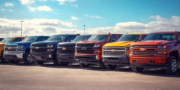 A lineup of 2025 Chevrolet Silverado trucks in various trim levels and colors, parked side-by-side. The image highlights the diversity of options available, showcasing the different styling cues and features that distinguish each trim.