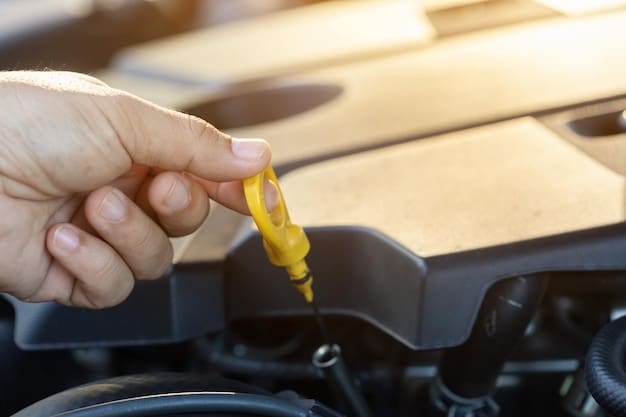 A close-up of a mechanic checking the oil level of a car using the dipstick, with tools and oil filters visible in the background. The mechanic is wearing gloves and appears to be meticulous in the process, emphasizing the importance of detail in car maintenance.