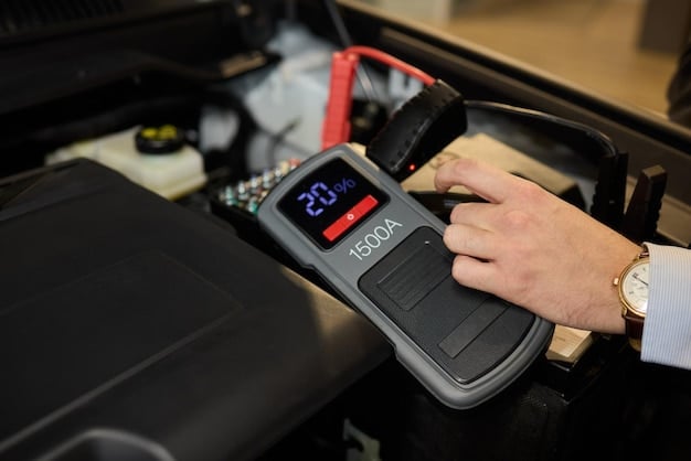A close-up of a mechanic using a voltmeter to check a car battery's voltage, with various tools and equipment visible in the background.