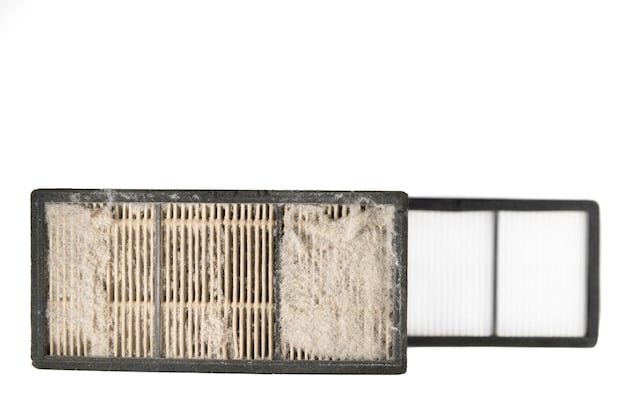 An infographic illustrating the airflow through a clean air filter versus a dirty air filter. The clean filter shows smooth, unobstructed airflow, while the dirty filter shows turbulent and restricted airflow. Percentage increases in horsepower and fuel efficiency are highlighted.