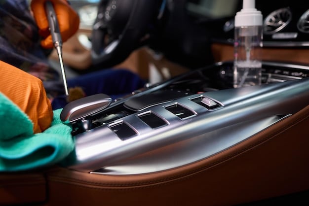 An interior shot of a car after detailing, showcasing clean seats, dashboard, and steering wheel, with sunlight streaming through the windows.