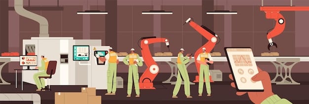 Robotic arms are shown working diligently on a car assembly line inside a modern and clean factory. The environment is busy but well-organized, with workers in safety gear monitoring the process.