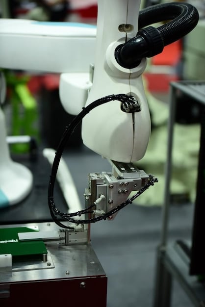 A close-up shot of a robotic arm in a car manufacturing plant, precisely assembling a car door panel made of lightweight, bio-based composite material. The background shows other automated machinery and bright factory lighting. Focus on the precision and technology involved in integrating sustainable materials into the manufacturing process.