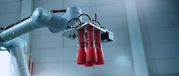 Close-up shot of a robotic arm meticulously assembling a solid-state battery cell in a cleanroom environment at a US automotive manufacturing facility. The robotic arm is handling the delicate components with precision, while engineers in protective gear monitor the process through a glass panel.