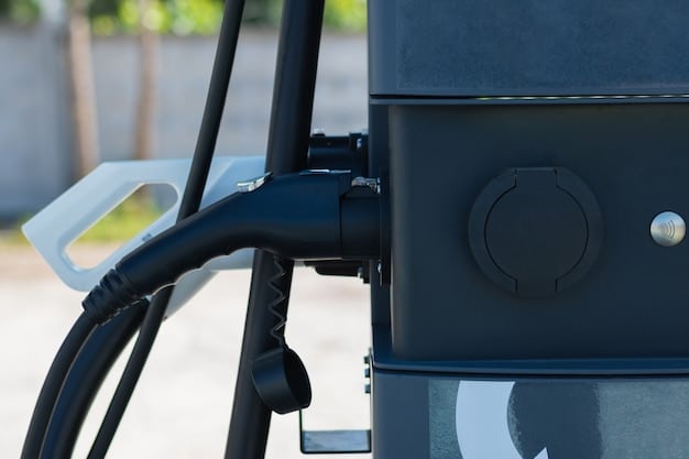 A close-up of an electric vehicle's charging port, with the charging cable plugged in. The background shows a blurred image of a suburban street, highlighting the convenience of home charging for EVs, which is further supported by the Inflation Reduction Act's incentives.