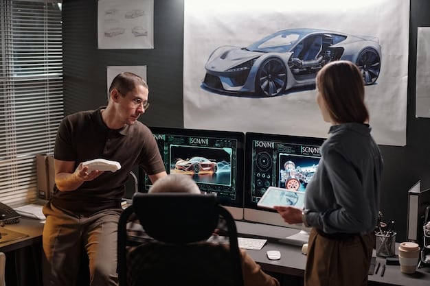 Automotive engineers using AI-powered design software on large touch screen displays in a modern studio, collaborating on vehicle aerodynamics and fuel efficiency optimization. The image highlights seamless integration of AI algorithms with user interfaces offering real time vehicle performance data, focusing on collaborative design process and advanced visualization.