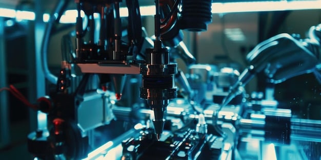 Automated robotic arms with AI sensors precisely assembling car parts on a high-speed production line in a US auto factory, under the supervision of quality control engineers. The image emphasizes efficiency, accuracy, and the advanced technology driving modern automotive manufacturing.