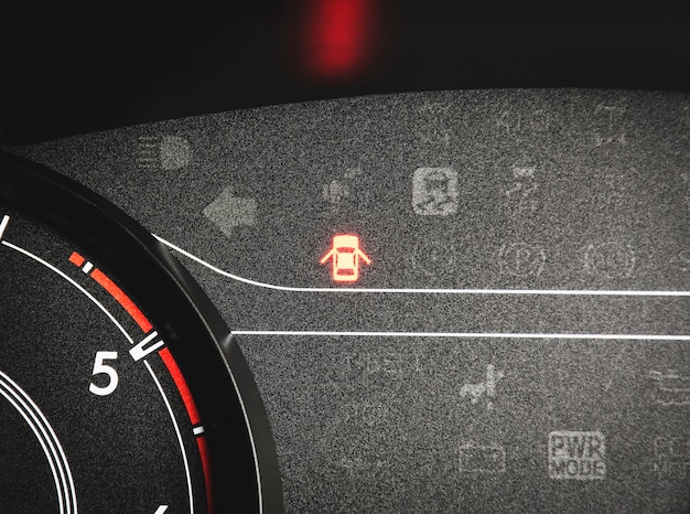 A close-up of a car's dashboard displaying various ADAS features, such as lane keeping assist, adaptive cruise control, and blind-spot monitoring.