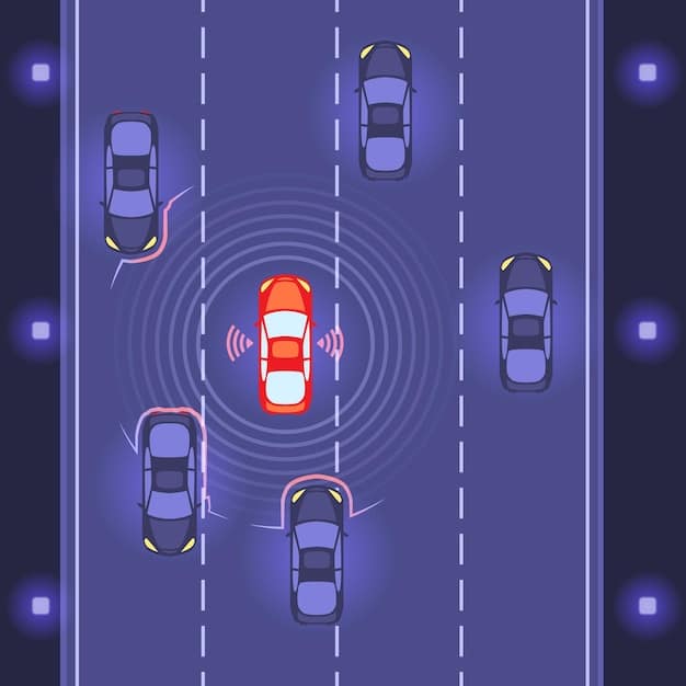 A car backing out of a parking space with the rear cross-traffic alert system activated, showing arrows indicating approaching vehicles.