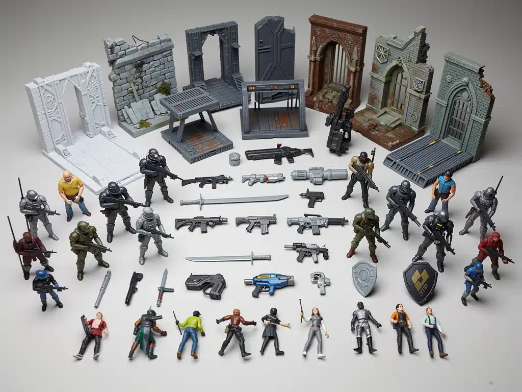 Collection of 3D printed model accessories and dioramas