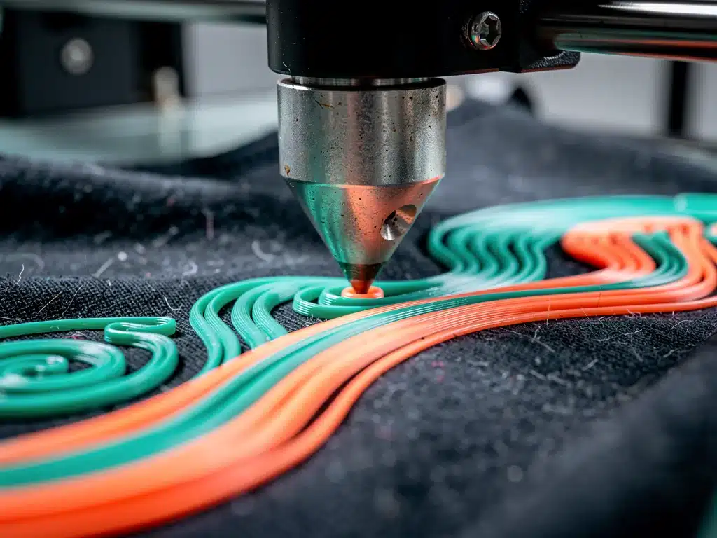 3D printer nozzle applying intricate pattern to fabric