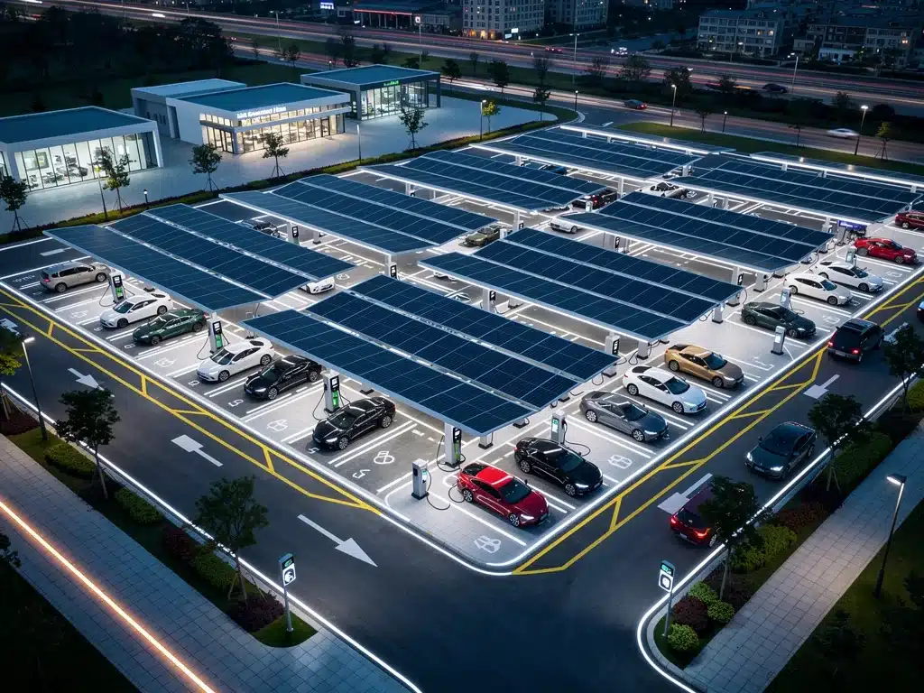 Aerial view of large EV charging hub with solar canopies and multiple fast chargers.