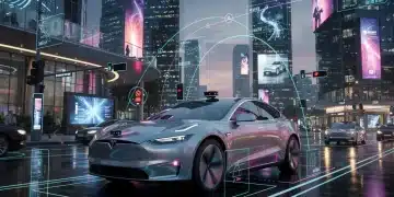 Futuristic autonomous vehicle with AI-powered sensors navigating a smart city.