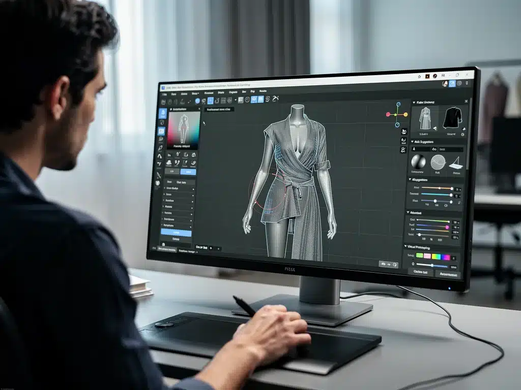 Designer using AI-driven 3D software for virtual apparel prototyping.