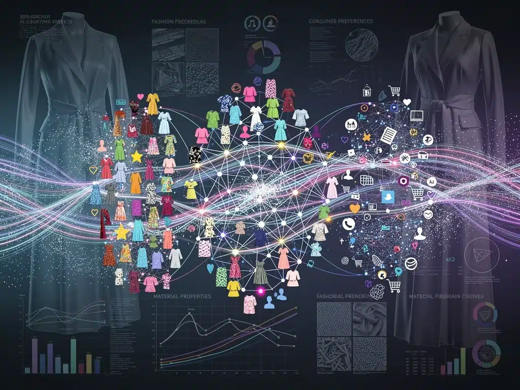 AI algorithms analyzing fashion trends and consumer data for apparel design