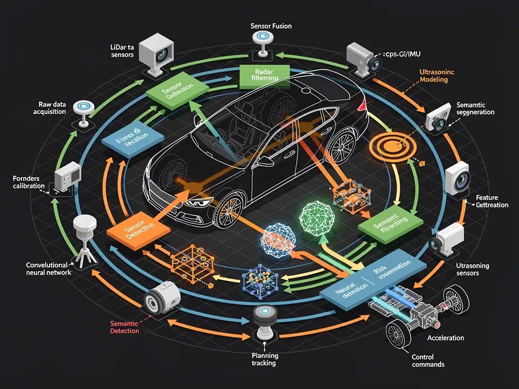 Diagram showing AI algorithms processing sensor data for autonomous vehicle decision-making.