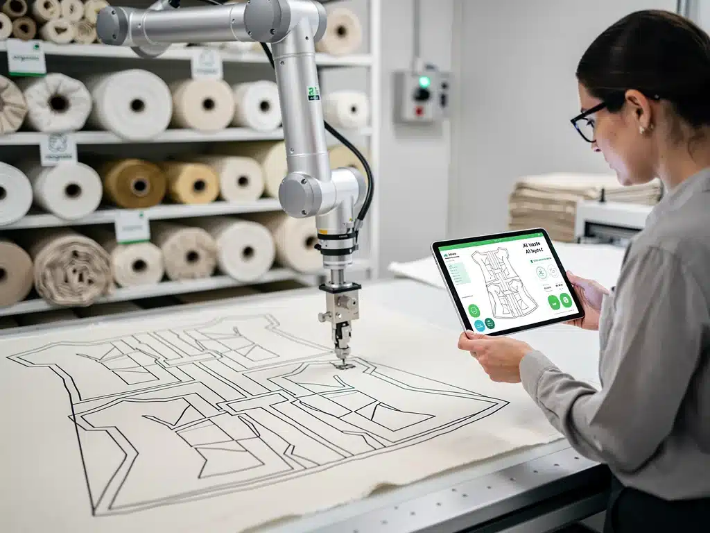 Robotic arm cutting fabric with AI-optimized pattern in sustainable manufacturing