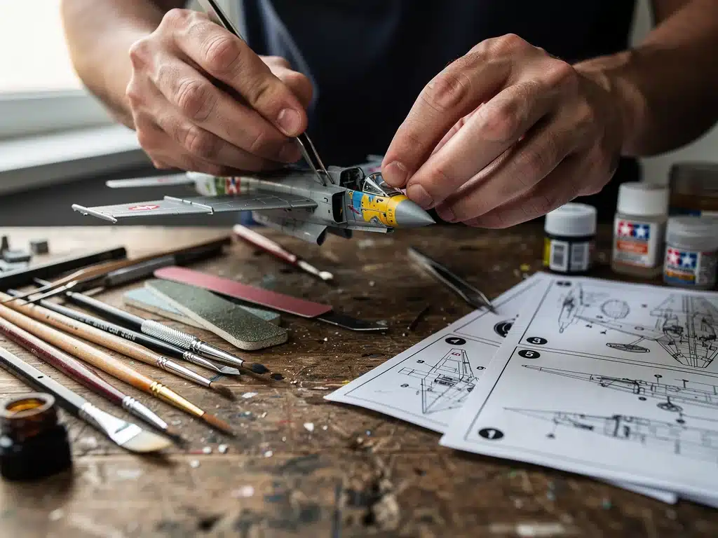 Collector assembling a detailed aircraft scale model with tools