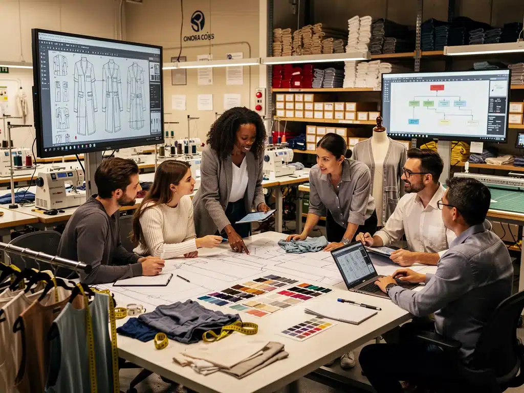 Collaborative team working on apparel design and production in a micro-factory