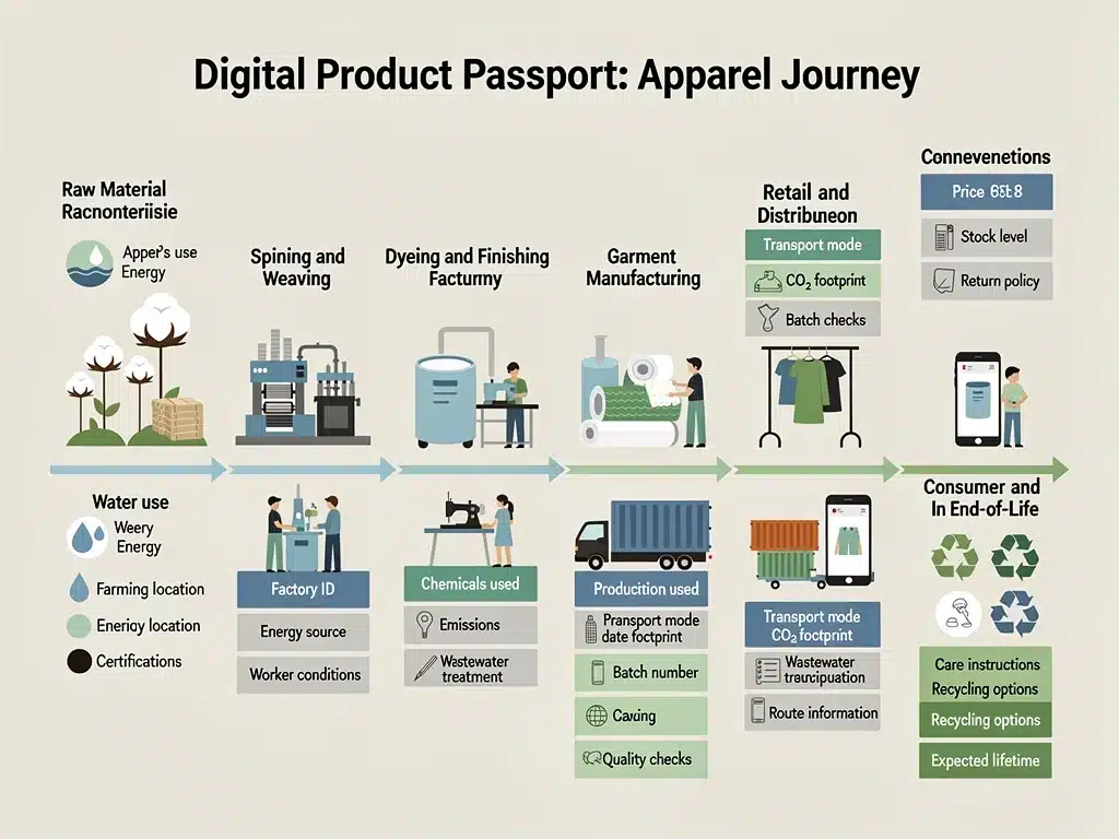 Infographic showing apparel supply chain with digital data points