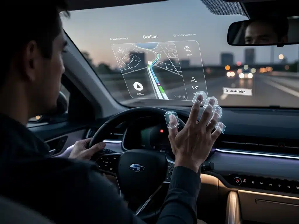 Driver using gestural controls to interact with an AR-HUD system for navigation.