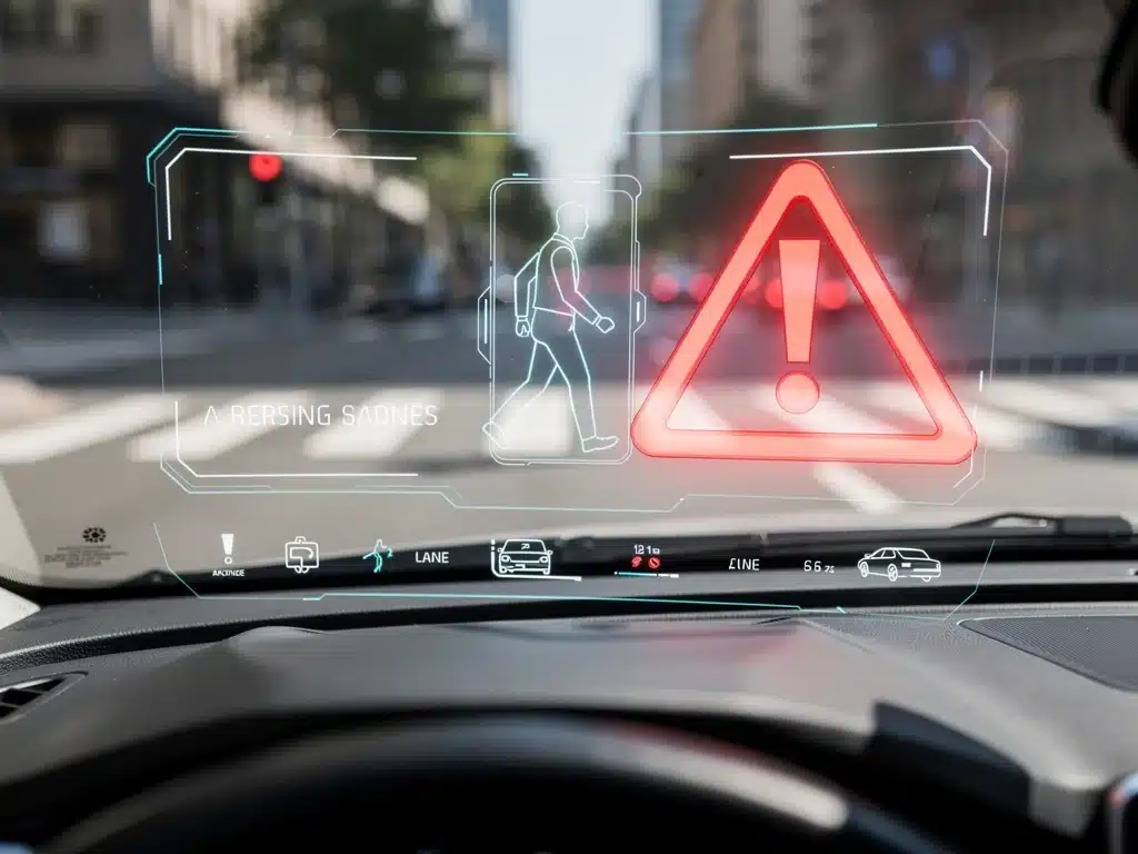 AR-HUD warning system highlighting a pedestrian for enhanced driver safety.