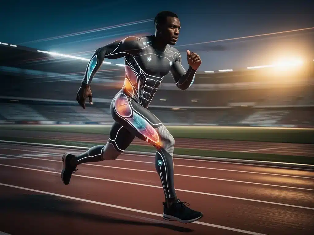 Athlete in performance-enhancing smart sportswear with temperature regulation zones.