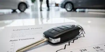 Car key on financial statement with rising interest rates, representing auto loan impact.
