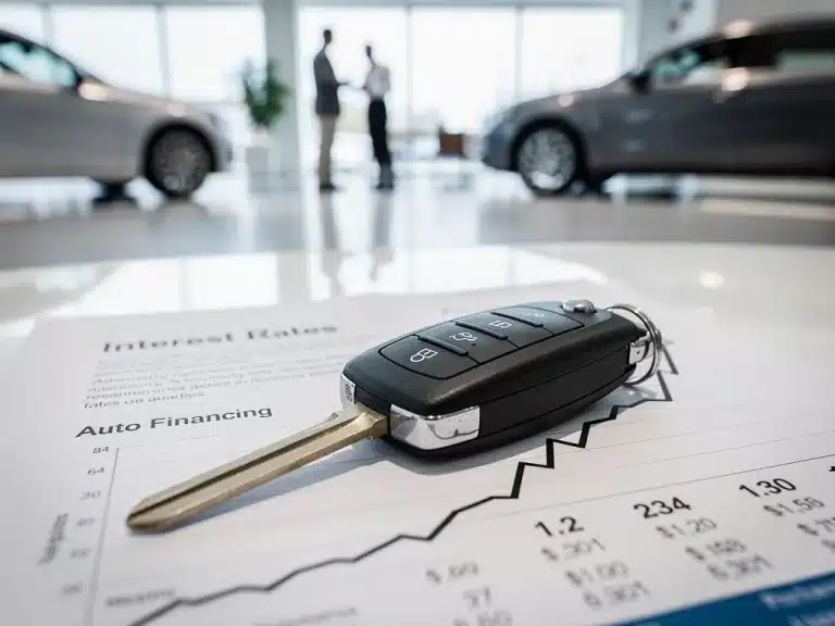 Car key on financial statement with rising interest rates, representing auto loan impact.