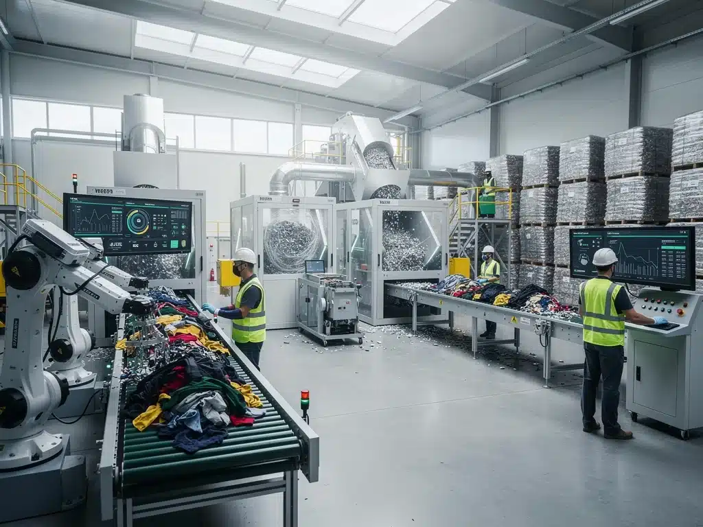 Automated textile recycling facility processing used garments for circular fashion.