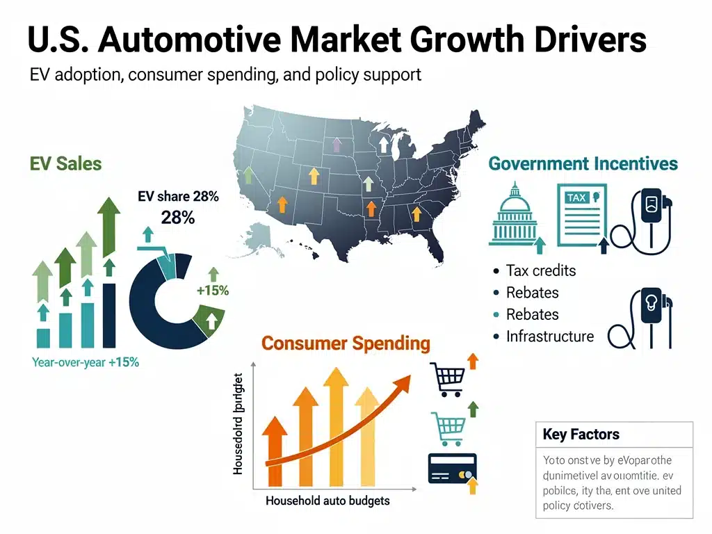 Infographic detailing key drivers of United States automotive market growth, including EV sales, consumer spending, and policy impacts.