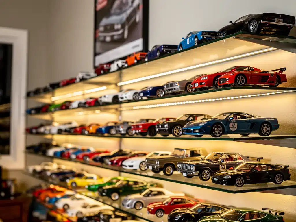 Collection of diverse automotive scale models on illuminated shelves
