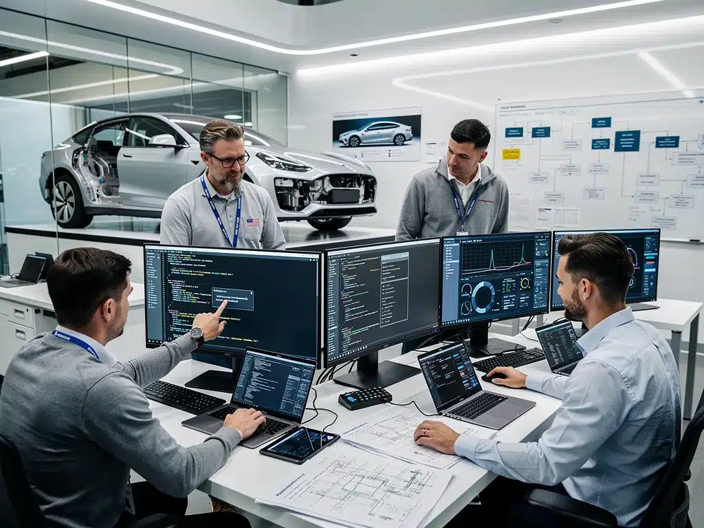 Engineers working on software development in an automotive R&D lab, highlighting innovation in the US automotive software market.