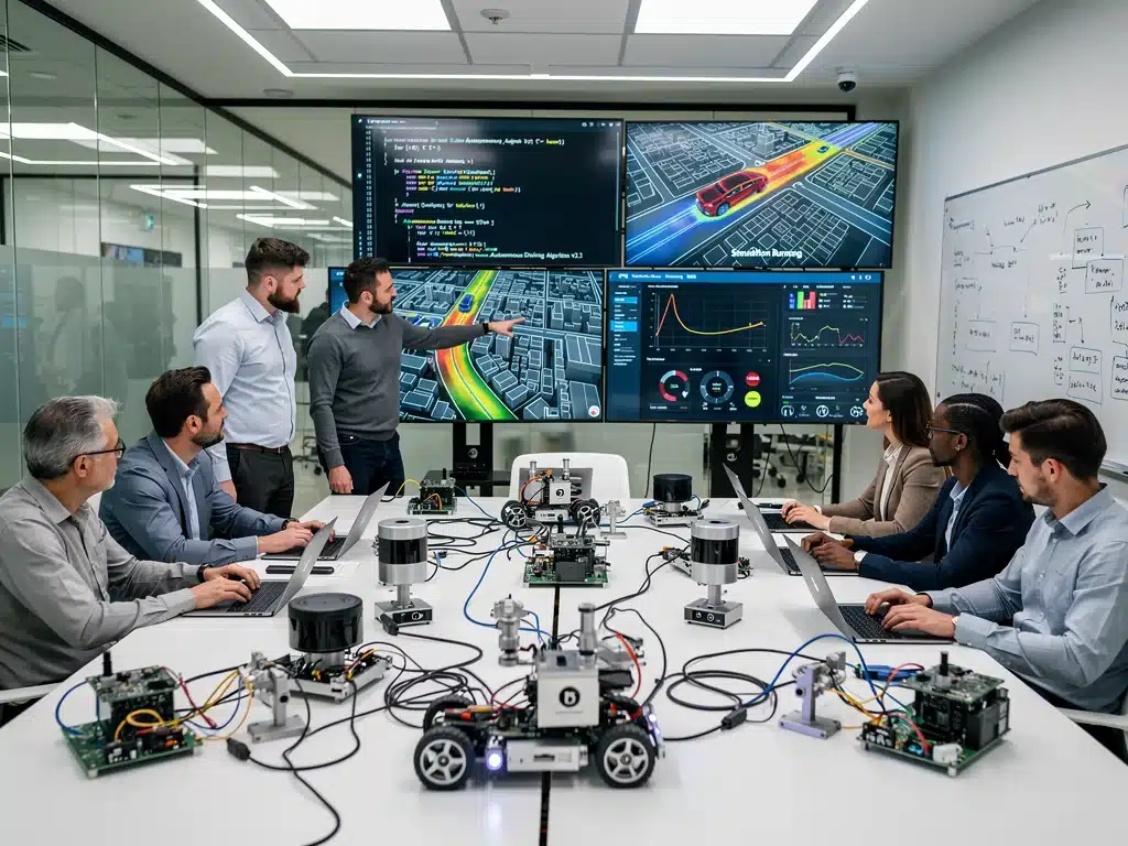 Engineers collaborating on autonomous driving software and hardware in a lab.