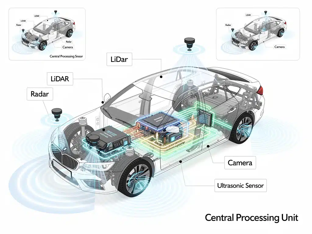 Diagram of autonomous vehicle components: LiDAR, radar, cameras, and processing unit.