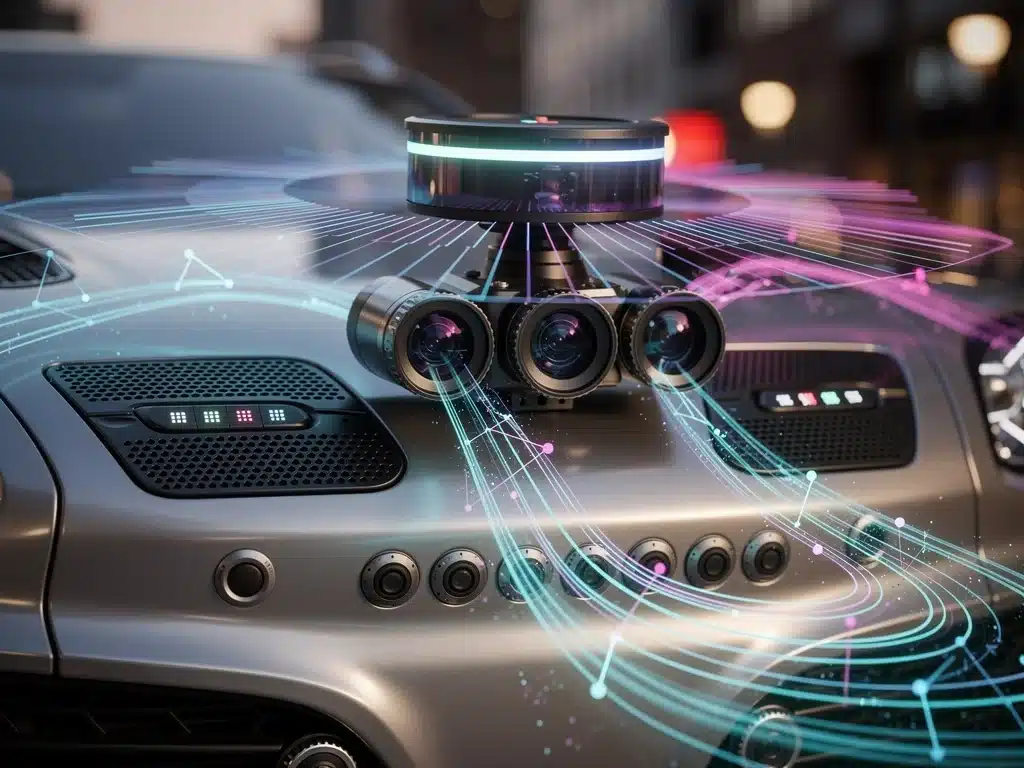 Close-up of integrated LiDAR, radar, camera, and ultrasonic sensors in an autonomous vehicle.