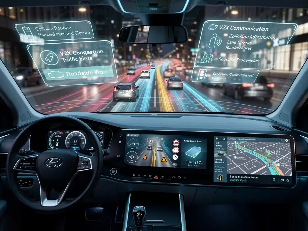 Autonomous vehicle dashboard showing real-time V2X traffic data and alerts.