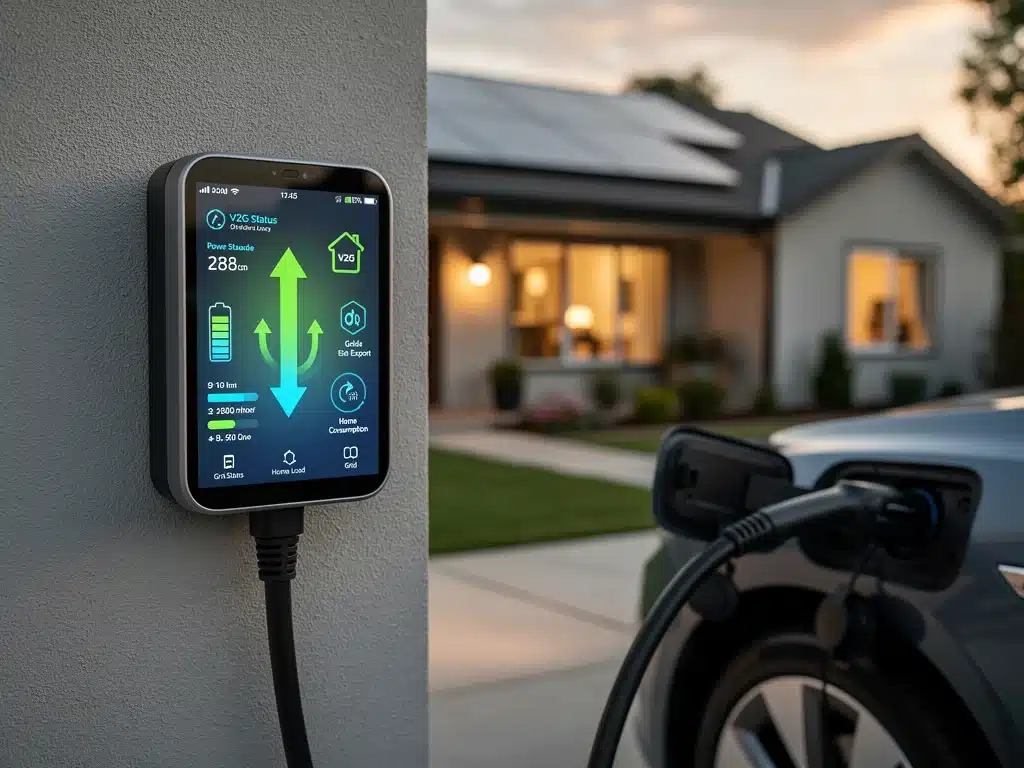 Close-up of bidirectional EV charger connected to car at suburban home, V2G display.