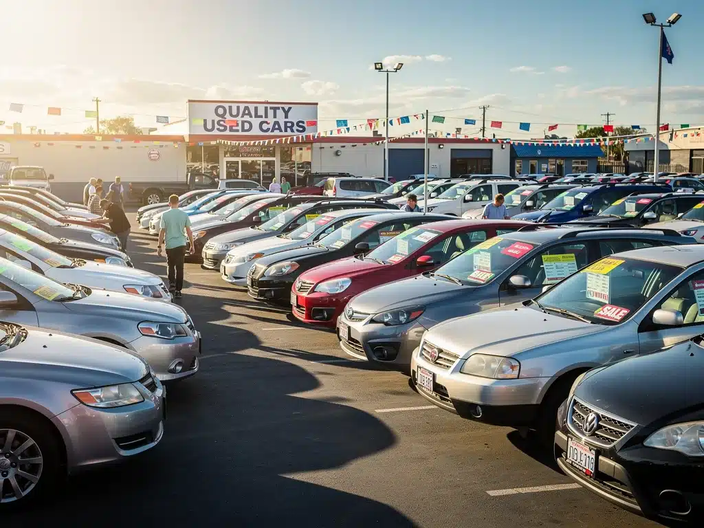 Customers browsing a diverse selection of used cars at a busy dealership lot, reflecting current market activity.