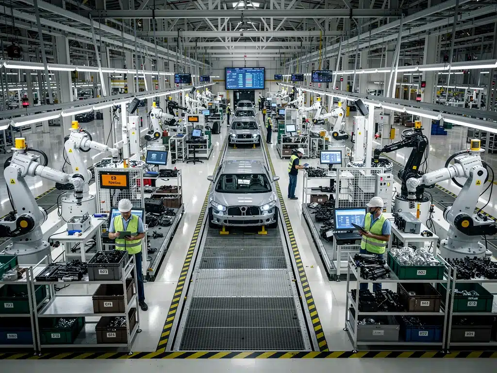 Automotive assembly line with fewer cars, illustrating production delays from chip shortage.