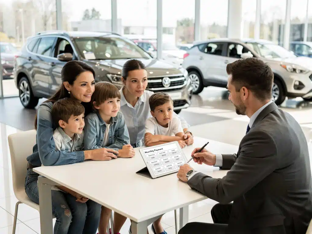 Family discussing car financing with salesperson at dealership.