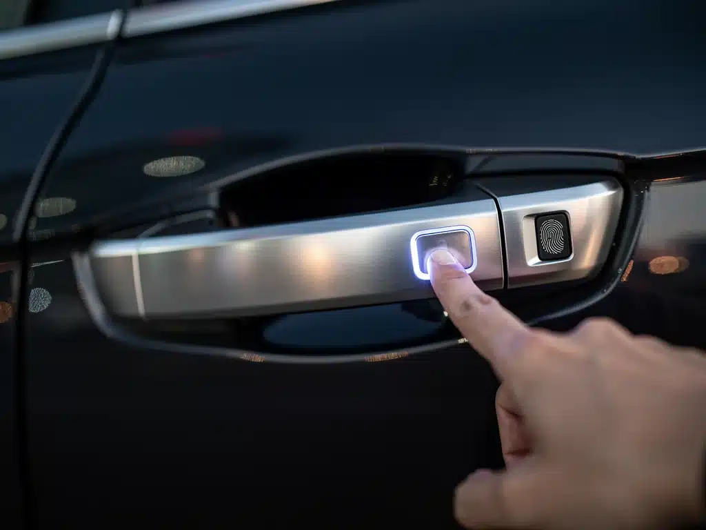 Car door handle with integrated fingerprint scanner for keyless entry