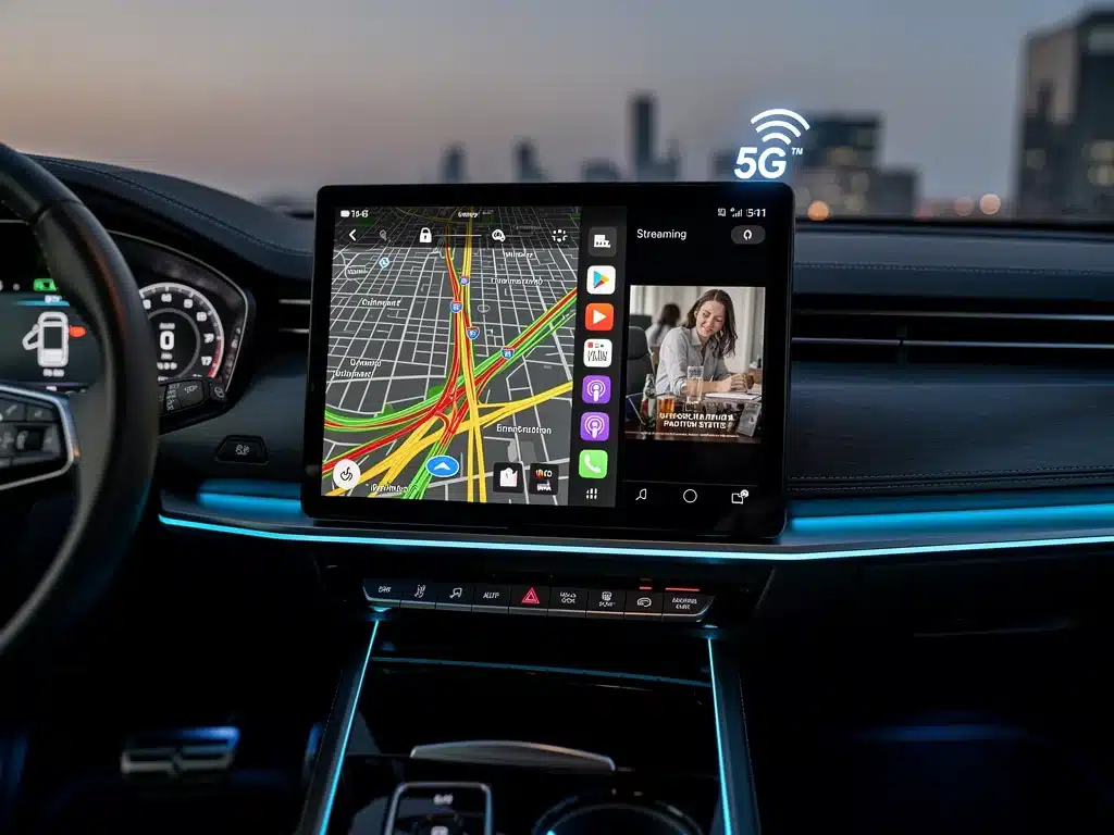Modern car dashboard with 5G-powered infotainment, real-time traffic, and navigation